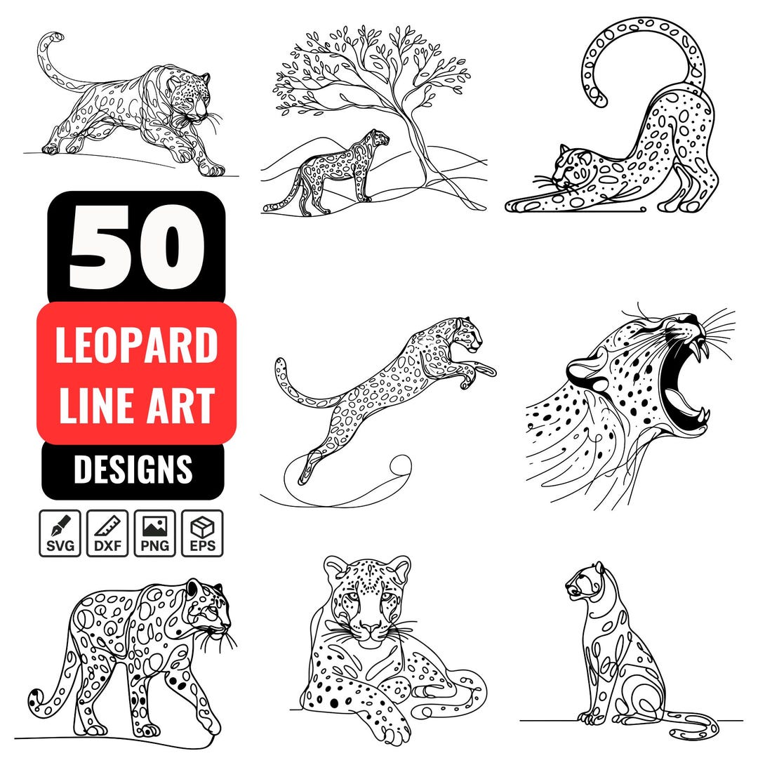 ヒョウの点描画 S3キャンバス ヒョウの線画SVGバンドル | 50種類のヒョウのクリップアートデザイン
