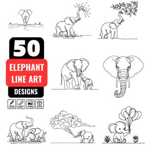 May include: A selection of 50 elephant line art designs in black and white. The designs feature elephants in different poses, including spraying water, eating leaves, and holding balloons. The image also includes the text "50 ELEPHANT LINE ART DESIGNS".