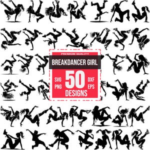 Breakdancer-tjej SVG-paket | 50 dynamiska dansdesigner | Hiphop-dans clipart, streetdance-poser