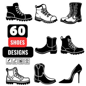 60 Shoes SVG Bundle – Boot, Sneaker & Heel Clipart, Shoe Silhouette, Cowboy Boots, Combat Boots, Sneakers, Fashion Shoes, Work Boots