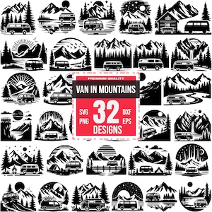 以下が含まれることがあります： 山岳地帯のバンを特徴とする32の白黒デザインのコレクション。デザインには、山、木、太陽、月など、さまざまなシーンが含まれています。「VAN IN MOUNTAINS」と「32 DESIGNS」のテキストも表示されています。