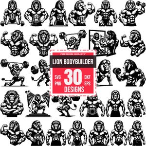 Può includere: Un set di 30 illustrazioni vettoriali in bianco e nero di leoni in varie pose di bodybuilding. Le illustrazioni sono in stile cartone animato e mostrano leoni che sollevano pesi, flettono i muscoli e posano per la fotocamera. Il testo "Lion Bodybuilder" e "30 Designs" è incluso nell'immagine.