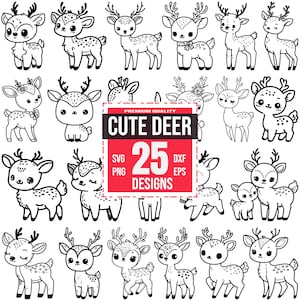 May include: A collection of 25 cute deer designs in black and white. The deer illustrations vary in style and pose, with some featuring spots, flowers, and bows. A red and white sign reads "Cute Deer" and lists file formats.