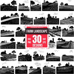 Puede incluir: Una colección de 30 diseños de paisajes de granjas en blanco y negro. Los diseños incluyen ilustraciones de graneros, campos, árboles y pájaros. Los diseños están disponibles en formatos SVG, PNG, DXF y EPS.