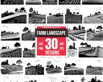 Op de afbeelding: Een verzameling van 30 zwart-wit ontwerpen van boerenlandschappen. De ontwerpen bevatten illustraties van schuren, velden, bomen en vogels. De ontwerpen zijn beschikbaar in SVG-, PNG-, DXF- en EPS-formaten.