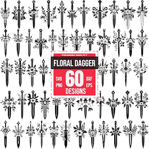 花柄ダガー SVG バンドル、ダガー クリップアート、花柄武器 SVG、ダガー イラスト、花柄ダガー SVG、エレガントなダガー SVG、花柄武器
