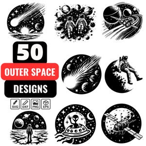 Outer Space SVG Bundle | 50 Space Clipart | Astronaut SVG, UFO Alien, Planets, Comet, Satellite Silhouette, Laser Cut, Galaxy Design