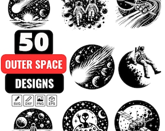 Outer Space SVG Bundle | 50 Space Clipart | Astronaut SVG, UFO Alien, Planets, Comet, Satellite Silhouette, Laser Cut, Galaxy Design