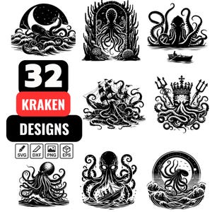 Könnte beinhalten: Eine Sammlung von 32 Kraken-Designs in Schwarzweiß. Die Designs umfassen Illustrationen von Oktopussen, Schiffen und nautischen Elementen. Der Text "32 KRAKEN DESIGNS" wird angezeigt. Dateiformate: SVG, DXF, PNG und EPS.