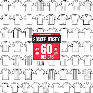 Könnte beinhalten: Ein Set mit 60 schwarzen und weißen Umriss-Designs für Fußballtrikots. Die Designs sind in verschiedenen Stilen, darunter V-Ausschnitt, Rundhalsausschnitt und gestreift. Der Text "PREMIUM QUALITY SOCCER JERSEY 60 DESIGNS SVG PNG DXF EPS" befindet sich in einem roten Kasten.