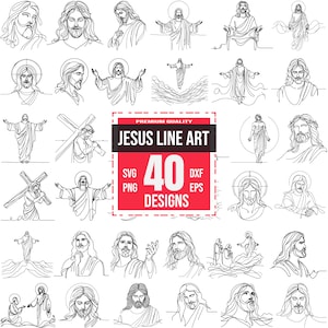 Könnte beinhalten: Ein Set mit 40 Schwarzweiß-Linienzeichnungen von Jesus Christus in verschiedenen Posen. Die Designs sind perfekt für Basteln, Scrapbooking und andere kreative Projekte.