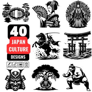 May include: A set of 40 black and white vector illustrations of Japanese culture. The illustrations include a samurai on horseback, a woman in a kimono, a traditional Japanese gate, a sumo wrestler, and a samurai warrior meditating under a tree. The text "40 Japan Culture Designs" is included in the image.