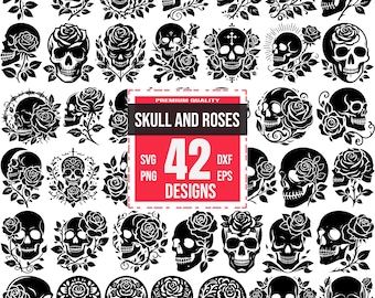 Pacote SVG de caveira e rosas | 42 designs góticos e florais | Vintage, tatuagem, Cricut e corte a laser