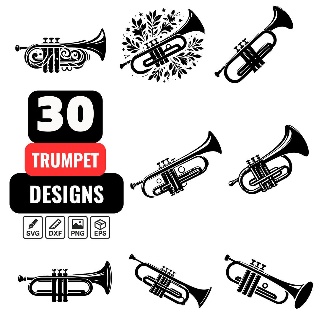 Trumpet SVG Bundle, 30 Musical Instrument Silhouette Designs, Jazz Band ...