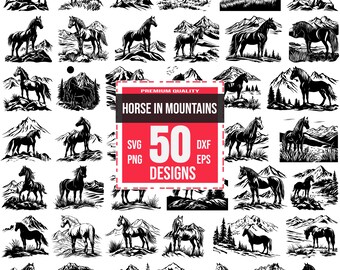 Horse in Mountains SVG Bundle, 50 Wild Horse Designs, Stallion Silhouette for Cricut, Mountain Landscape Clipart