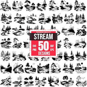 May include: A set of 50 black and white silhouette designs of streams and rivers. The designs feature various trees, rocks, and water features. The designs are perfect for crafting, scrapbooking, and other creative projects.