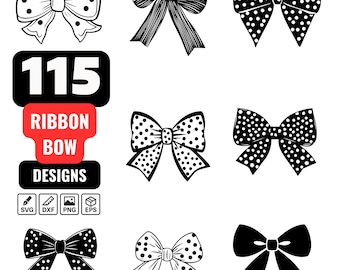115 Ribbon Bow SVG Bundle, Coquette Bow Clipart PNG, Polka Dot Bows, Hand Drawn Ribbon Cut Files for Cricut, Preppy Aesthetic Vector Art