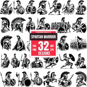 Pode incluir: Um conjunto de 32 ilustrações vetoriais em preto e branco de guerreiros espartanos. As ilustrações apresentam várias poses e armas, incluindo espadas, escudos, lanças e capacetes. O texto "SPARTAN WARRIOR 32 DESIGNS" é exibido em uma caixa vermelha.