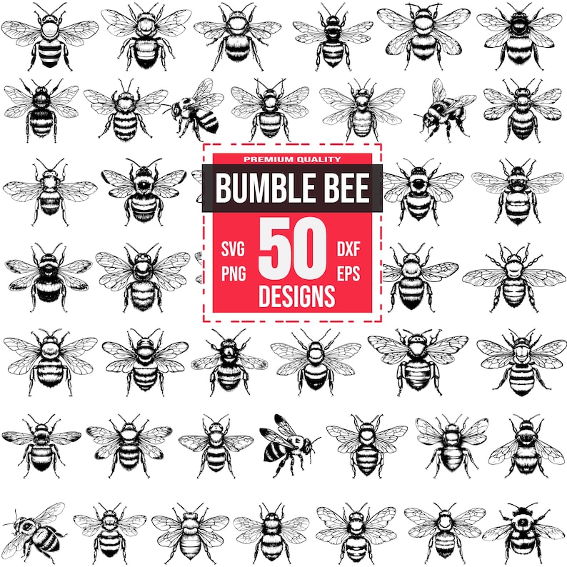 May include: A collection of black and white bumble bee illustrations. A red rectangle displays the text "BUMBLE BEE 50 DESIGNS" along with file type abbreviations: SVG, PNG, DXF, and EPS.