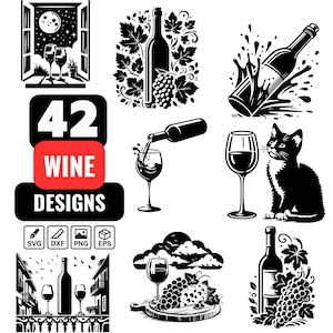 Wine SVG Bundle with 42 Unique Wine Glass Bottle and Vineyard Designs for Cricut, Sublimation, Wine Glass, Wine and Cat, Pouring wine