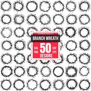 May include: A set of 50 black and white branch wreath designs. The wreaths are made of branches and twigs, and they are perfect for adding a rustic touch to your home decor.