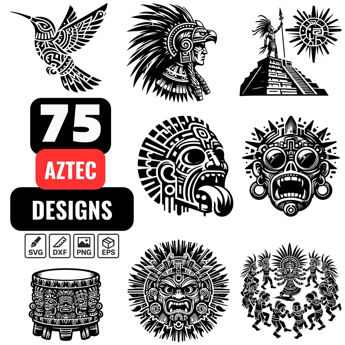 Aztec SVG Bundle – 75 Ancient Tribal Designs, Aztec Warrior PNG ...