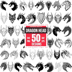 May include: A collection of 50 black and white dragon head illustrations. The illustrations are in various styles, including cartoon, realistic, and geometric. The text "Dragon Head" and "50 Designs" is in a red box.
