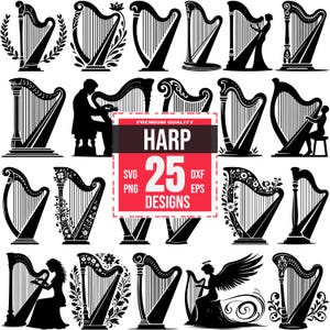 May include: A set of 25 black and white harp silhouette designs. The designs are in various styles, including traditional, ornate, and modern. The text "PREMIUM QUALITY HARP 25 DESIGNS" is displayed in a red box.