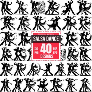 Può includere: Un set di 40 disegni di silhouette in bianco e nero di coppie che ballano la salsa. I disegni sono perfetti per progetti di artigianato, scrapbooking e altro ancora.