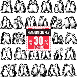 Paquete SVG de pareja de pingüinos / 30 diseños de pingüinos adorables / Pájaros del amor, animales de invierno, Cricut y corte láser