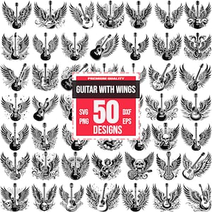 May include: A set of 50 vector designs featuring guitars with wings. The designs are in black and white and are perfect for use in crafting, scrapbooking, and other creative projects.  SVG, PNG, DXF, and EPS file formats are included.