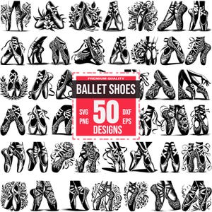 Ballet Shoes SVG Bundle | 50 Elegant Dance Designs | Ballet, Pointe Shoes, Cricut and Laser Cut