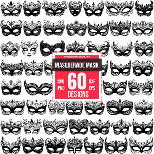 May include: A set of 60 black and white masquerade mask designs. The masks are intricate and detailed, with a variety of shapes and patterns. The text "MASQUERADE MASK" and "60 DESIGNS" is in red.