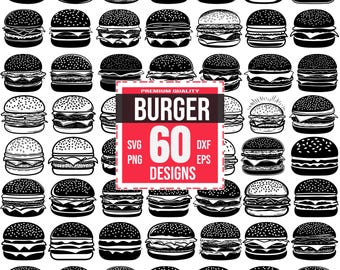 Burger SVG Bundle, 60 Fast Food Silhouette Designs, Hamburger Clipart for Cricut, Cheeseburger PNG, Laser Cut Files, Restaurant Menu Vector