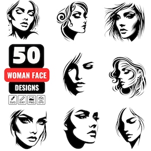 Könnte beinhalten: Das Bild zeigt neun schwarz-weiße Illustrationen von Frauengesichtern. Der Text "50 WOMAN FACE DESIGNS" ist in einem schwarzen und roten Rechteck zusammen mit Dateityp-Symbolen dargestellt.
