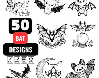 Bat SVG Bundle, 50 Cute Bat Designs, Bat Clipart PNG, Halloween Bat Vector, Cartoon Bat Silhouette, Bat Cut Files for Cricut