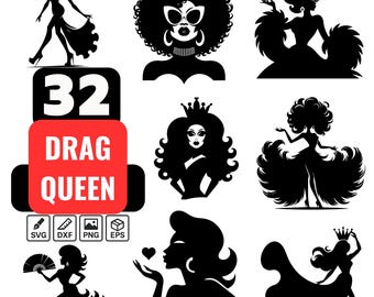 Fabuloso paquete SVG de Drag Queen con 32 siluetas glamorosas para camisetas del Orgullo, proyectos de Cricut y decoración de fiestas.