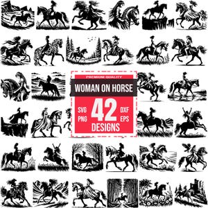 Puede incluir: Una colección de 42 diseños en blanco y negro que representan a mujeres montando a caballo. Los diseños incluyen varias poses, escenarios y estilos, con el texto "WOMAN ON HORSE" y opciones de tipo de archivo: SVG, PNG, DXF y EPS.