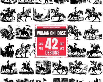 Woman on Horse SVG Bundle with 42 Elegant Rider Silhouettes for Cricut Crafts, Horseback Riding Clipart, Horse riding girl, Horse Scene