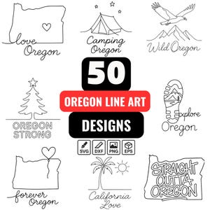 May include: A collection of 50 Oregon-themed line art designs in black and white. Designs include the Oregon state outline with a heart, a tent, an eagle, mountains, a Christmas tree, a footprint, and text that says "Oregon Strong".
