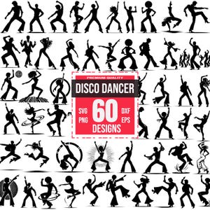 以下が含まれることがあります： ディスコスタイルで踊る人々のシルエットイラスト60点セット。イラストは様々なポーズで、男性と女性が含まれています。画像には「Disco Dancer」と「60 Designs」のテキストが含まれています。