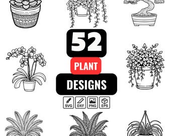 House Plant SVG Bundle, 50 Potted Plant Designs, Indoor Plant Clipart, Succulent, Cactus, Bonsai,Hanging Plant,Botanical Line Art for Cricut
