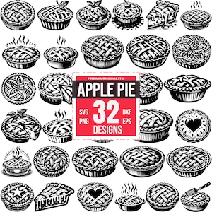 32 Apple Pie SVG, Homemade Pie Clipart, Bakery Dessert PNG, Fresh Baked Pastry DXF, Thanksgiving Pie Vector, Sweet Treats Digital Design