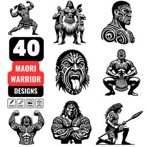 Könnte beinhalten: Schwarz-Weiß-Illustrationen von Maori-Kriegern in verschiedenen Posen. Das Bild enthält eine Grafik mit der Zahl "40" und dem Text "Maori Warrior Designs" in Rot und Schwarz. Symbole für verschiedene Dateitypen sind ebenfalls vorhanden.