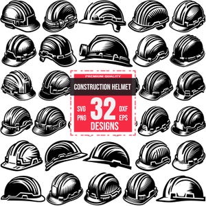 Construction Helmet SVG Bundle with 32 Hard Hat Designs for Safety Signage, Crafts, Stickers, Decals, CNC and Vinyl Projects