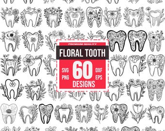 May include: A set of 60 black and white floral tooth designs. The designs feature a tooth with various floral arrangements around it. The designs are perfect for crafting, scrapbooking, and other creative projects.