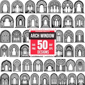 50 Arch Window SVG Bundle, Gothic Window Clipart, Ornate Window Cut File, Laser Cut Window Frame Vector