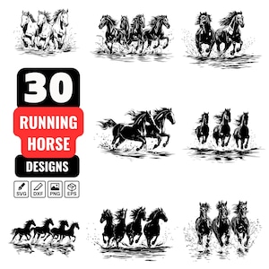 Può includere: Una collezione di 30 disegni di cavalli in corsa in bianco e nero. I disegni presentano cavalli in varie pose, tra cui al galoppo nell'acqua. L'immagine include il testo "30 Running Horse Designs" con icone di tipo di file.