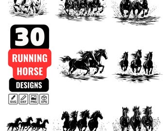 Paquete SVG de caballos al galope: 30 diseños de caballos salvajes para cortar en Cricut, silueta de caballo al galope, caballos salvajes al galope, vectores ecuestres