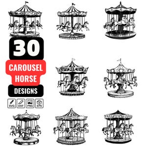 Karussell SVG Bundle - 30 Vintage Merry Go Round, Retro Karneval, Zirkuspferdefahrt Designs für Cricut, Silhouette und DIY-Projekte